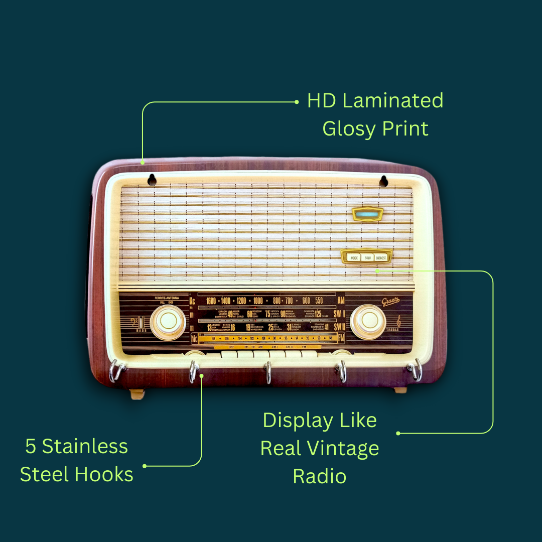 Vintage Radio Print Pine Wood Key Holder