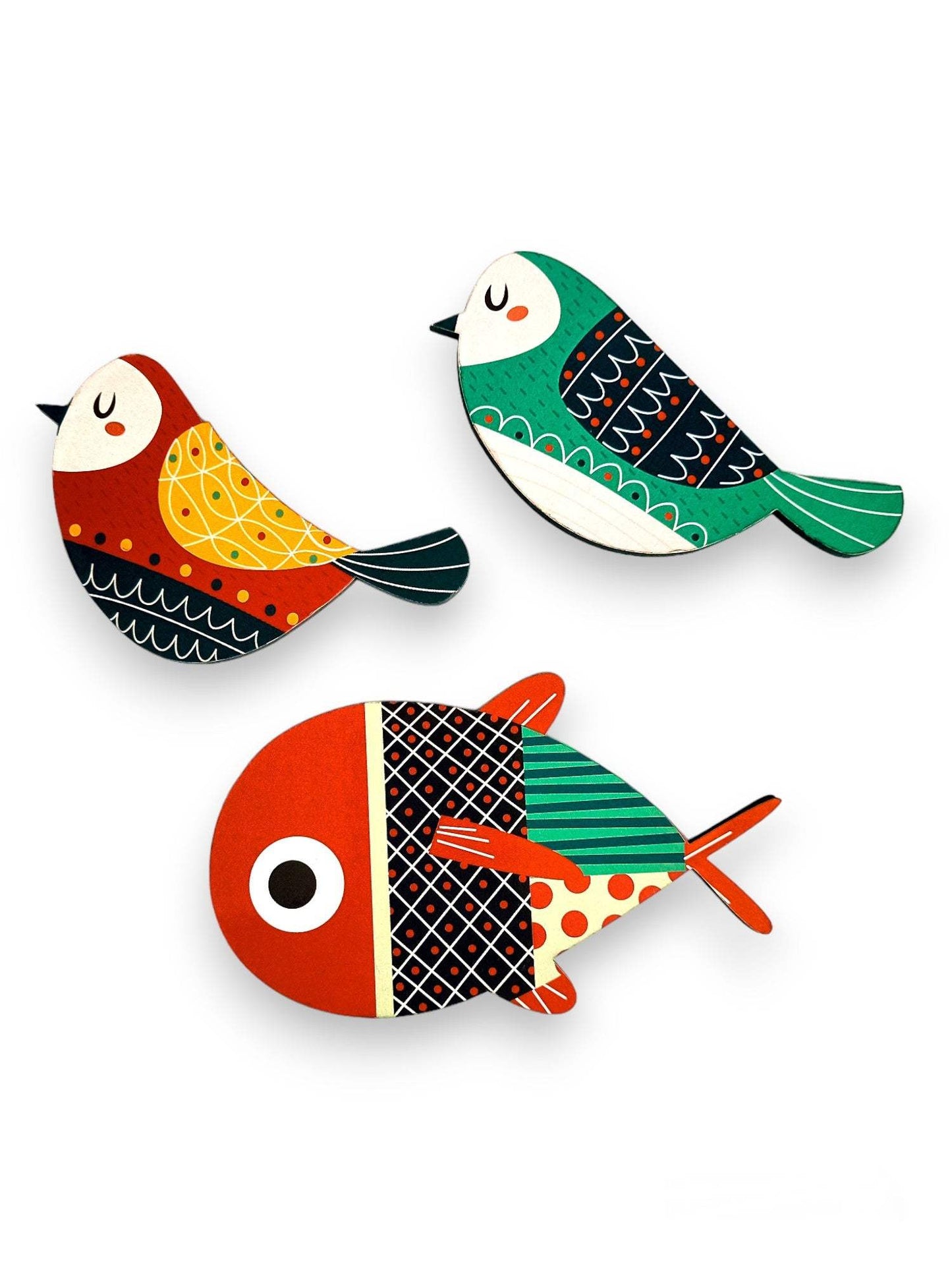 Fridge Magnet - Red Yellow Green Color Full Birds & Fish - Mandala Design