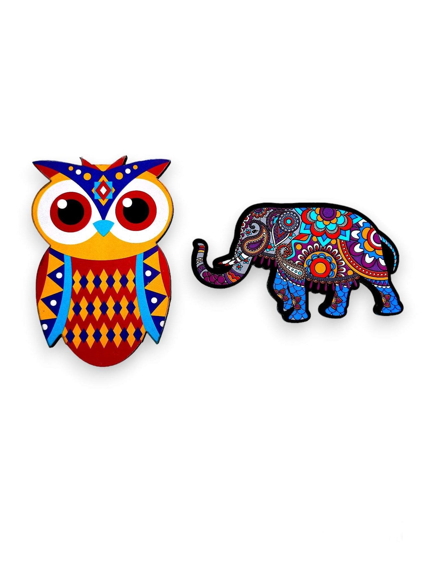 Fridge Magnet - Red Yellow Blue Color Full Owl & Elephant - Mandala Design