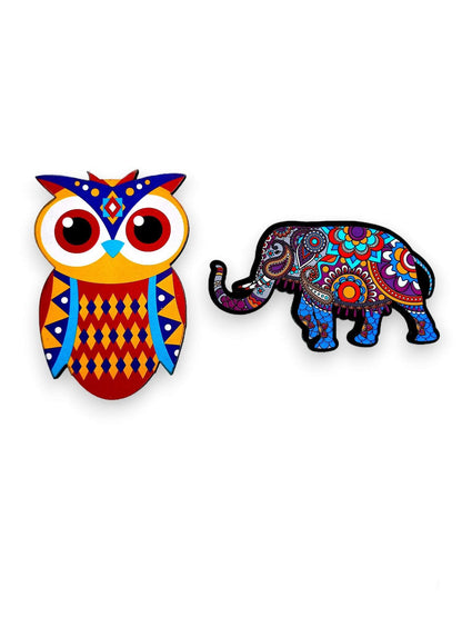 Fridge Magnet - Red Yellow Blue Color Full Owl & Elephant - Mandala Design